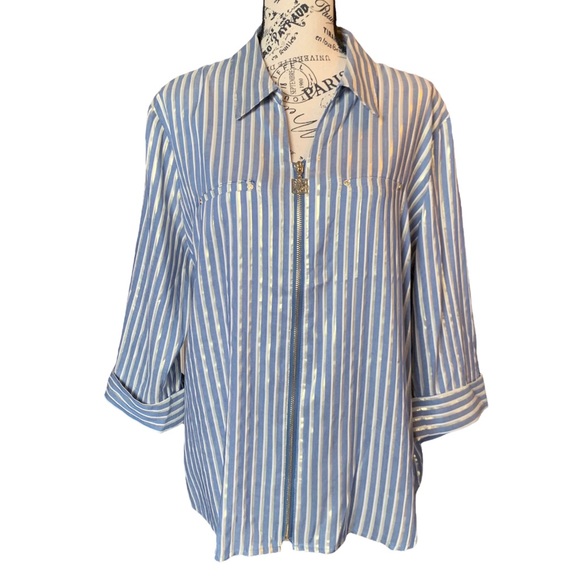 Free w/ Purchase Anne Klein Zip Up 3/4 Sleeve Blouse Blue Gray Gold Striped XL - Picture 1 of 16